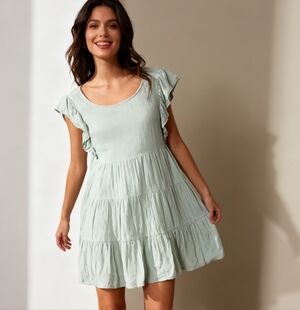 Promesa Light Blue Tiered Mini Dress Size M Ruffle Sleeve Boho Summer Dress